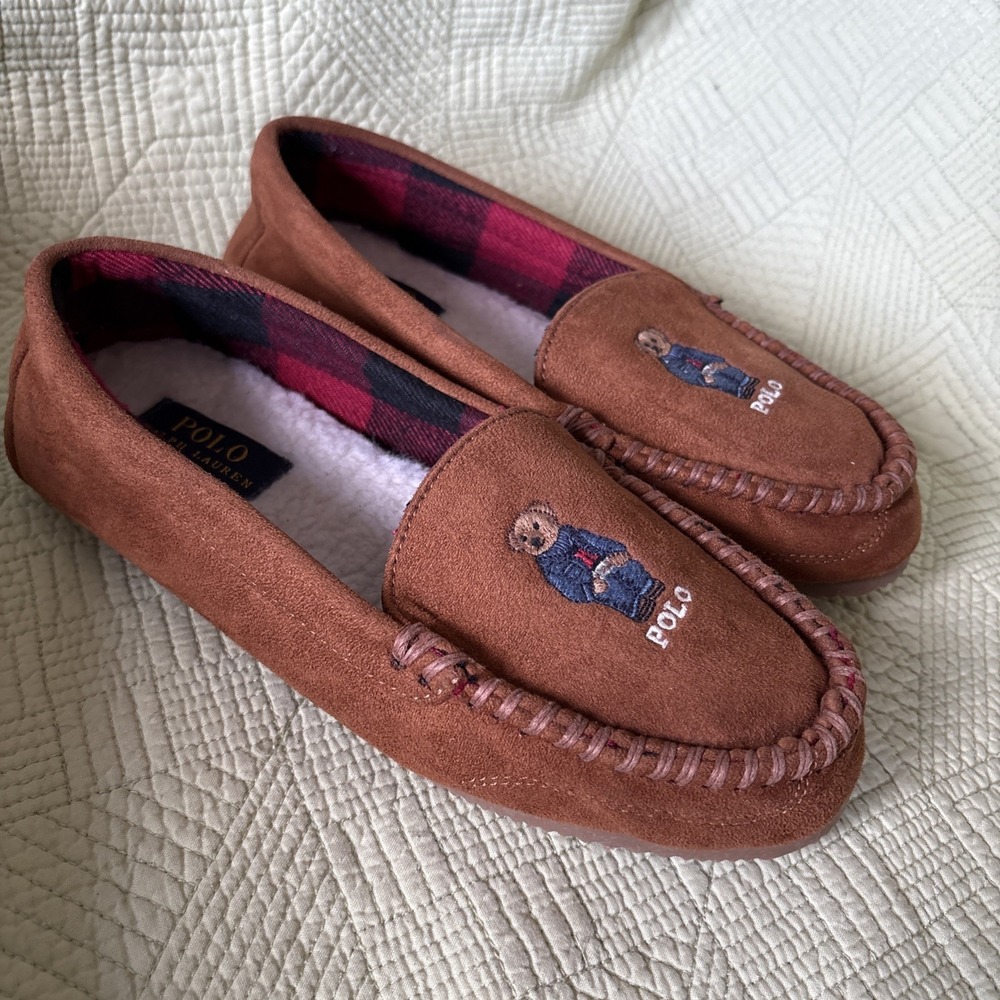 Polo Ralph Lauren Dezi V Bear Women's Size 8 Brown Moccasin Slippers PlaidInside